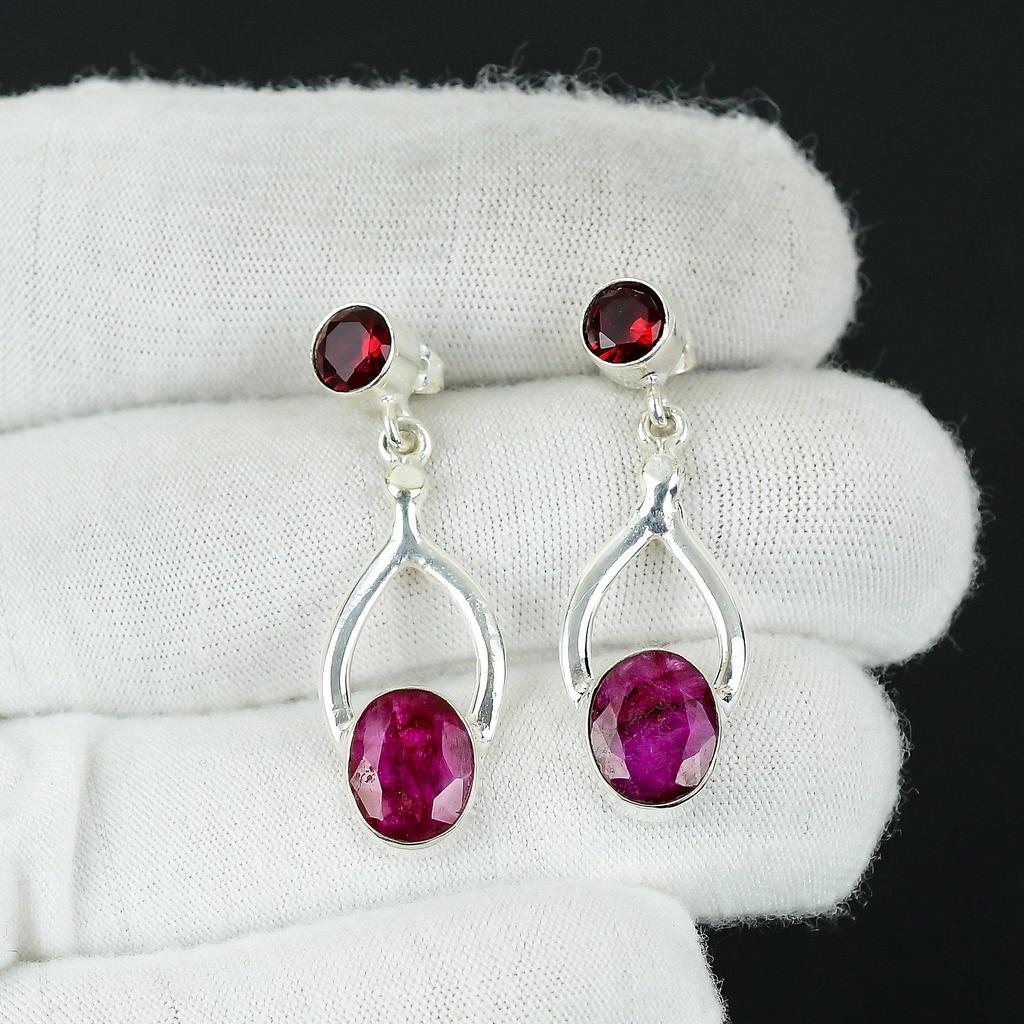 Beautiful Kashmir Ruby, Red Garnet Gemstone Earrings, 925 Sterling Silver Earring, Handmade Boho Silver Jewelry Dangle Earrings, Easter Gifts