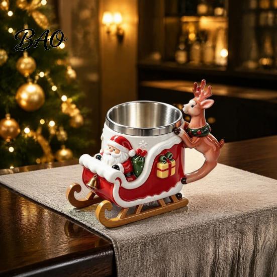 Christmas Coffee Mug Santa Claus with Reindeer Handle, 300ml 3D Resin Holiday Cup Embossed for Hot Cocoa, Winter Home Decor Unique Table Ornament