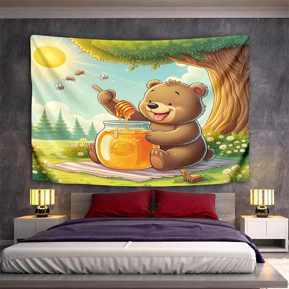 Happy Bear with Honey Jar in Nature Pattern Wall Hanging Tapestry Decorative Tapestry Home Decor for Bedroom and Living Room