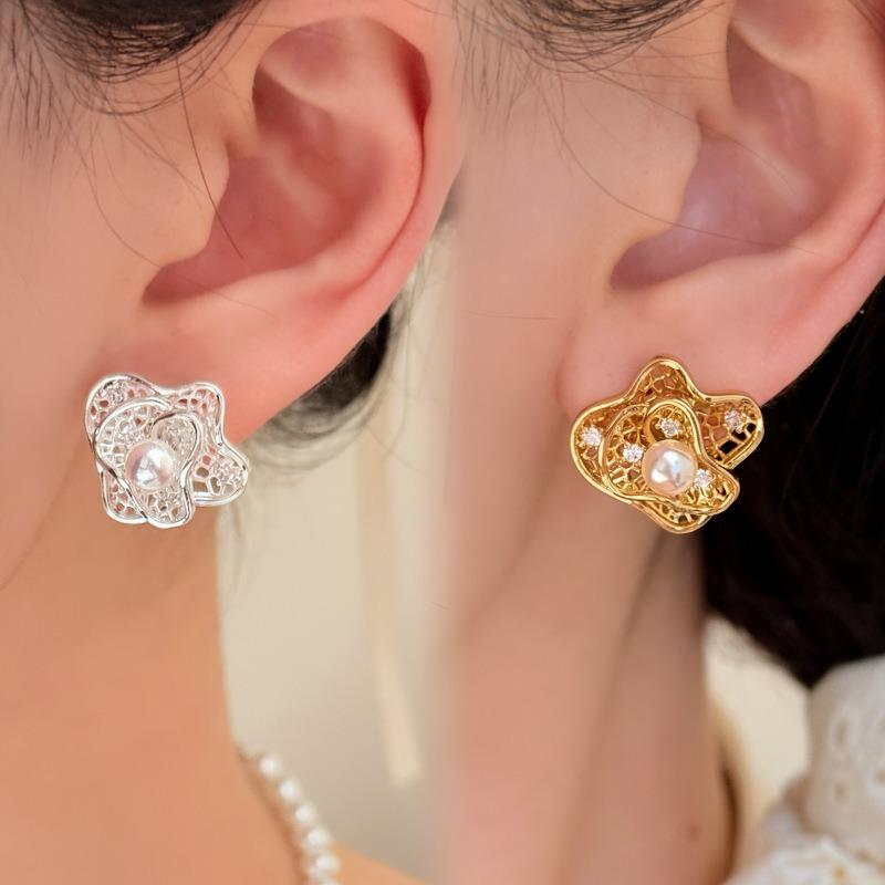 18k Real Gold Electroplated Zircon Flower Pearl Earrings, Earrings, Fashion Temperament, Versatile Design Sense, Niche Earrings Women