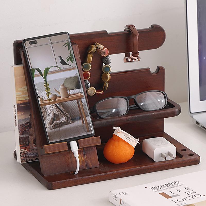 Wooden Bedside Wood Phone Docking Station Holder Wallet Stand Multifunctional Watch Storage Rack Home Desktop Decoration
