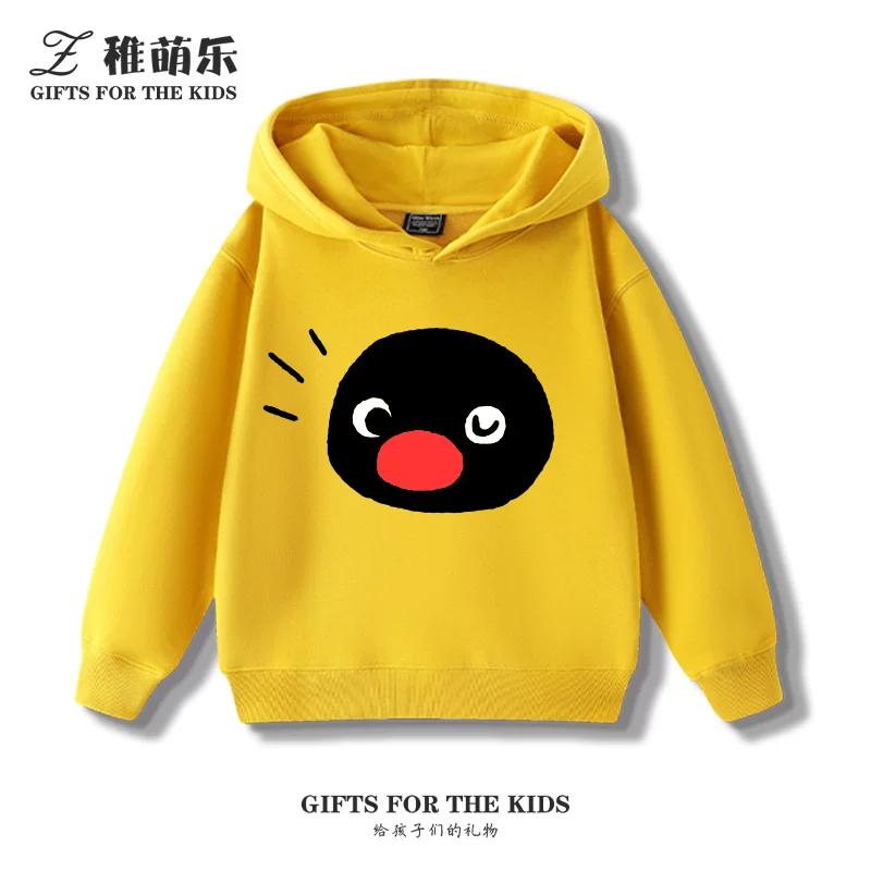 Kids' Fleece-Lined Hooded Sweatshirt with Fun Cartoon Penguin Print – Warm Pullover for Boys and Girls (Autumn/Winter)