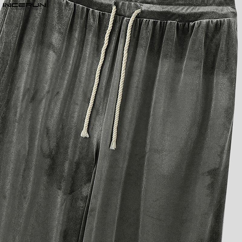 INCERUN Men Drawstring Elastic Waist Plain Velvet Casual Loose Long Trousers Pants