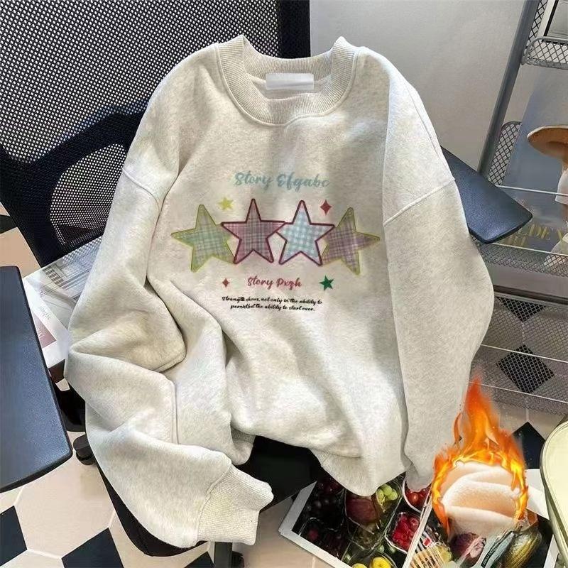 

Женские флисовые худи с принтом пентаграммы в корейском стиле, свежие, с круглым вырезом, однотонные, осенние, универсальные, свободного кроя, женский пуловерный топ 3XL