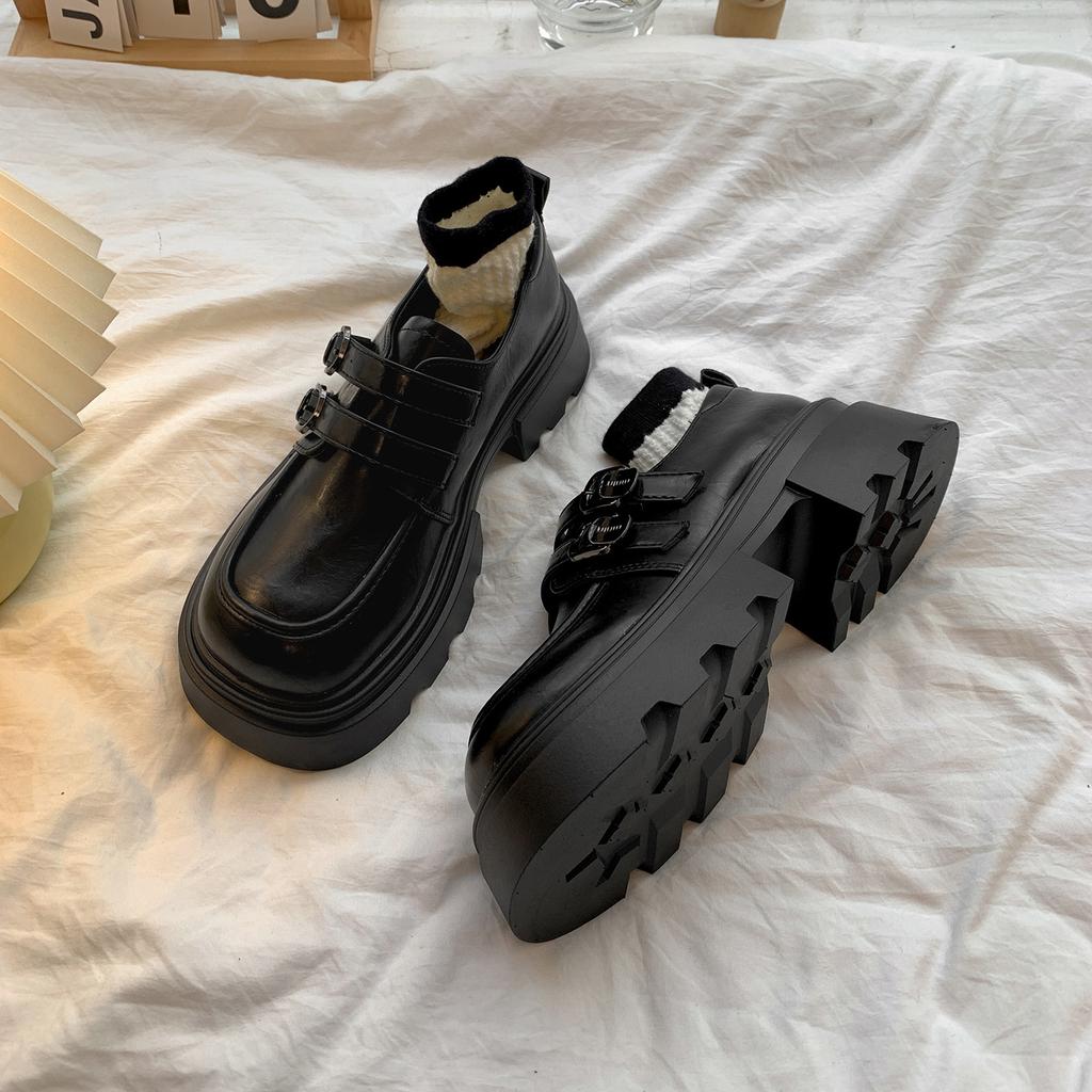 Black British Style Heightened Platform Small Leather Shoes Women's 2025 New Summer Versatile Soft-soled French Mary Jane Single Shoes