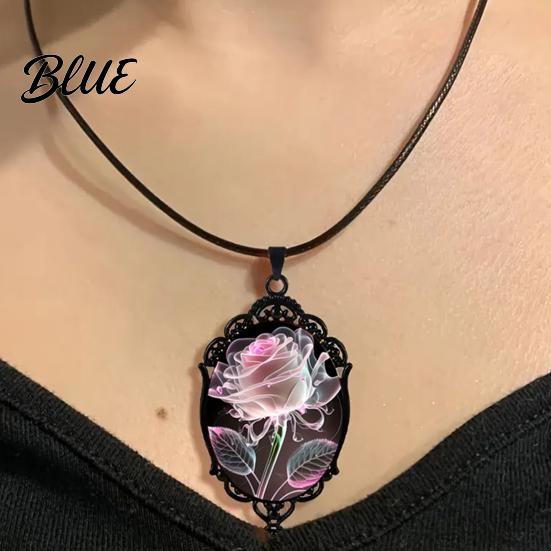 Rose Necklace Black Gothic Vintage Floral Glass Pendant Stylish Dark