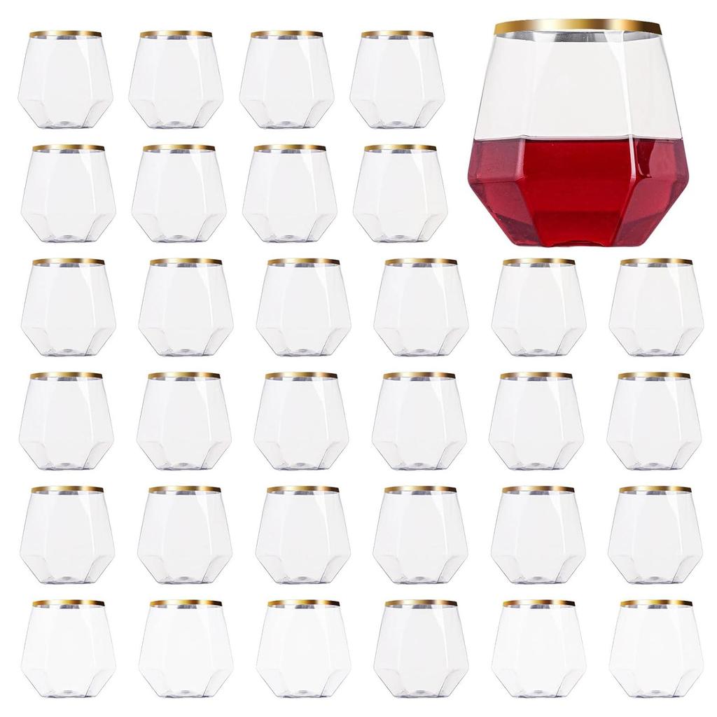 32 Pack Disposable Stemless Wine Glasses, 12 OZ Plastic Wine Cups, Gold Rim Unbreakable Diamond Wine Glasses, Whiskey Cocktail Glasses