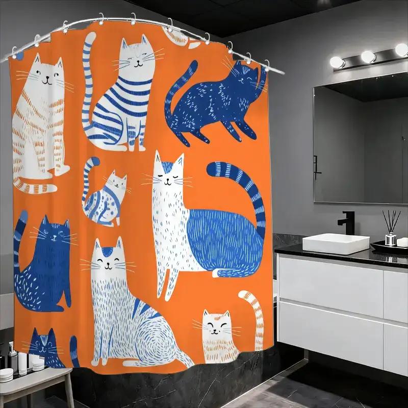 1Pc Bathroom Shower Curtain, Cat Lovers' Gathering, Cute Pet Day Shower Curtain, With 12 Hooks, 70.87*70.87Inch Bathroom Curtain