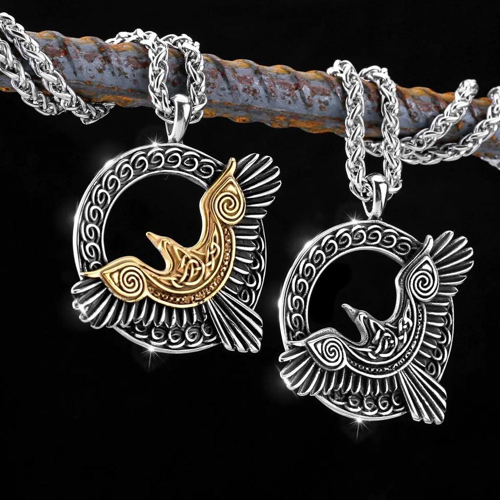 Gold Silver Eagle Crow Raven Nordic Odin Viking Amulet Necklaces Pendant Chain Unisex Men Women Protect Talisman Health Lucky Jewelry
