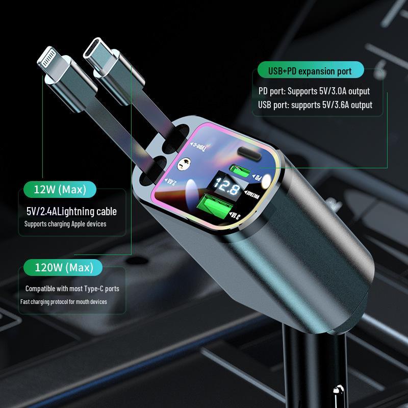 Starry Sky Projector 120W 4-in-1 Car Charger with Retractable Cable & Digital Display