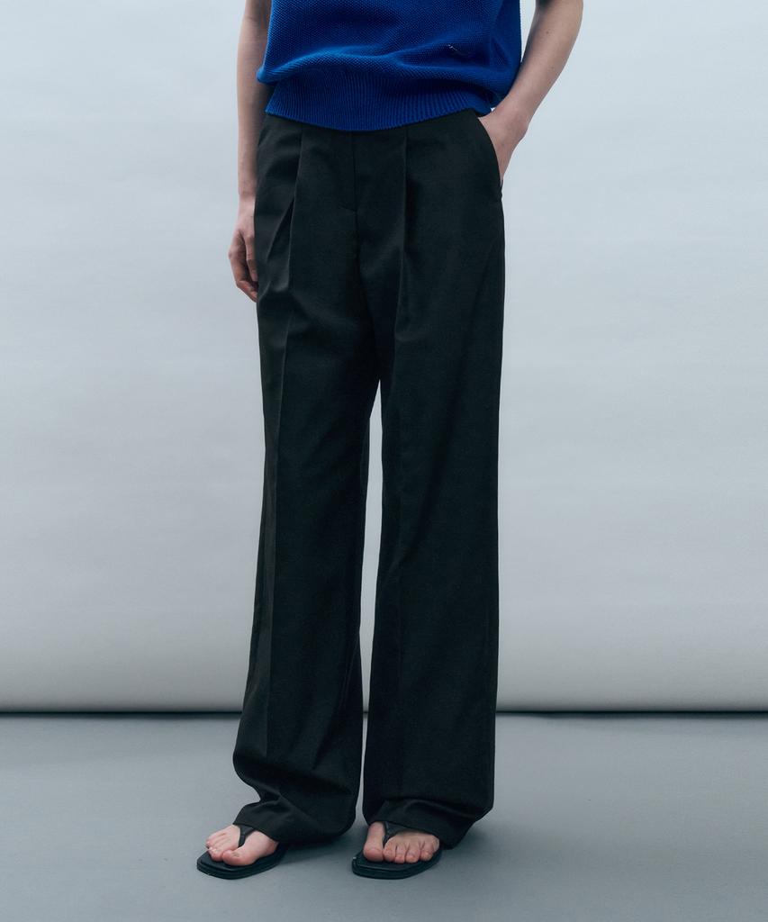 MONGDOL Nylon One-Tuck Wide Slacks Black Mdpt025Nyblack
