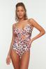 Women's New Season Swimsuit Floral Patterned Double Breasted Tied Normal Leg Swimsuit