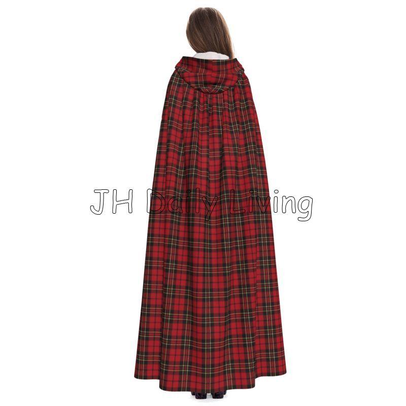 Red Tartan Checks Plaid Long Hooded Cloak Unisex Witch Party Reversible Hooded Women Vampires Cape