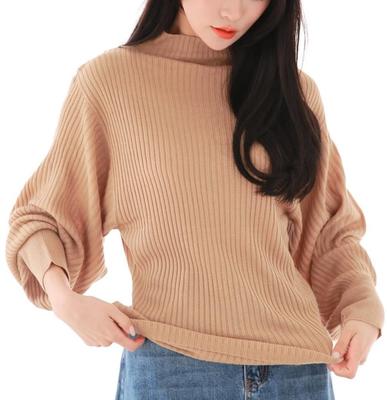 Sleeping Sheep Ribbed Knit Top with Voluminous Plus Sizes High-Neck Sleeves, (LL-3L, Beige)