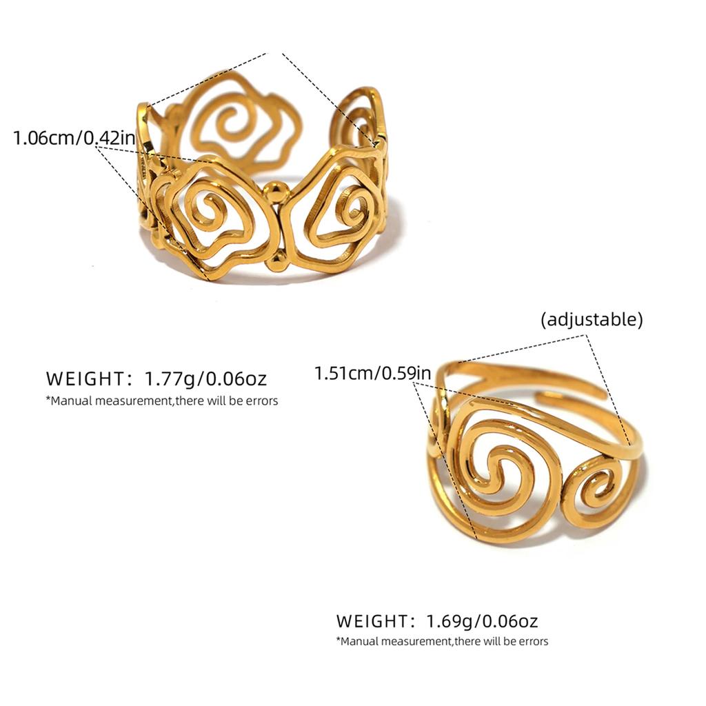 Stainless Steel Spiral Adjustable Open Rings for Women 18K Gold Plated Waterproof High Quality Ladies Jewelry For Vacation Etc
