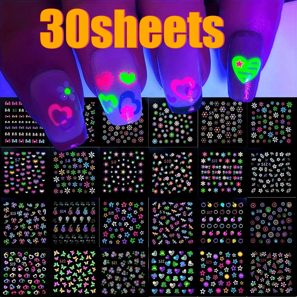 30/60Sheets 3D Glow In The Dark Neon Nail Stickers Nail Art Decorations Glittery Glossy Self-Adhesive with Butterfly Love Heart