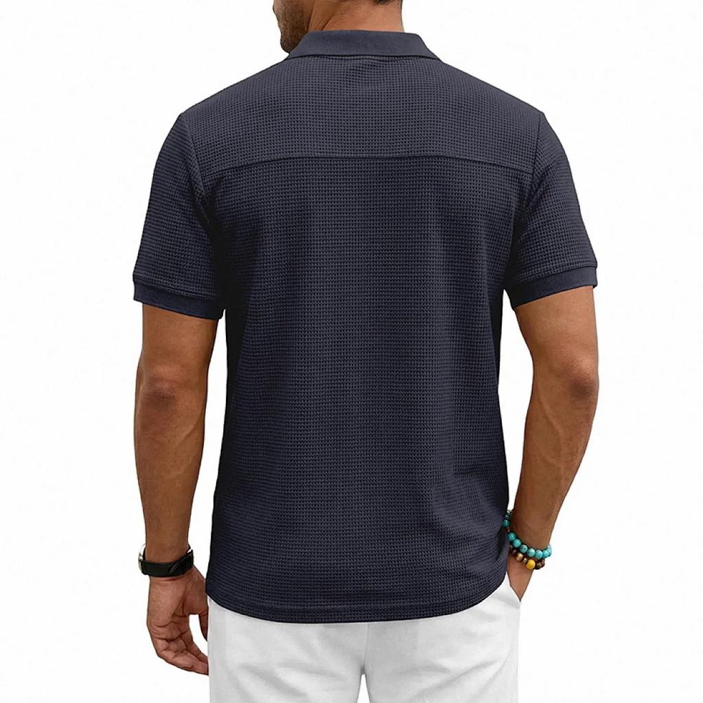 Men's Breathable Waffle Knit Polo Shirt Short Sleeve Button Placket Chest Pocket Loose Fit Summer Tops