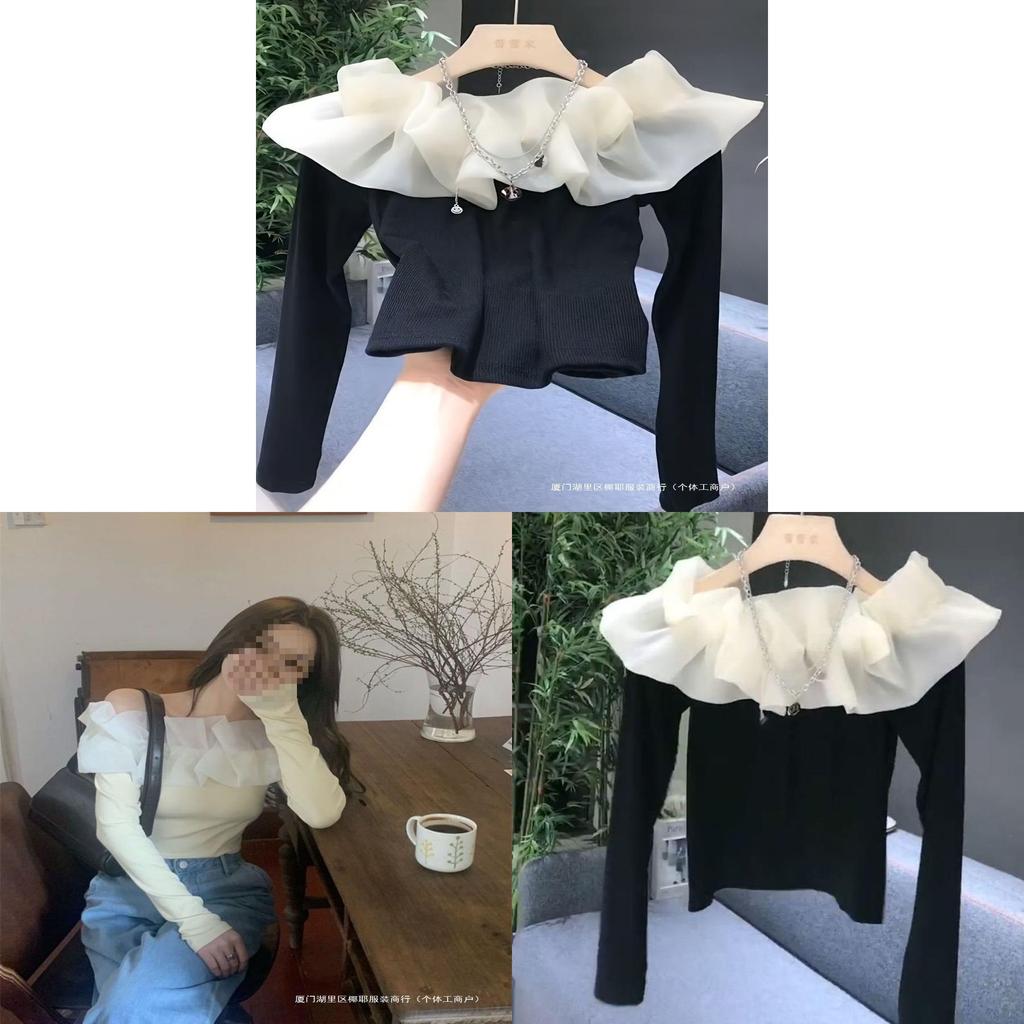Tshirt Elegant Off Shoulder Mesh Splicing With Embroidery For Women Spring 2025