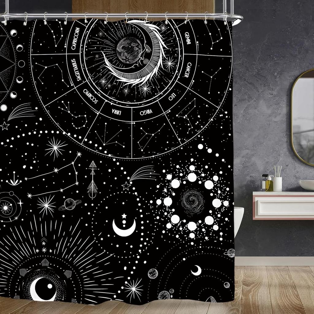 Witchy Gothic Shower Curtain - Moon Phase & Teal Wildflower Design,Mysterious Night Botanical Polyester,60x71 Inch with 12 Hooks