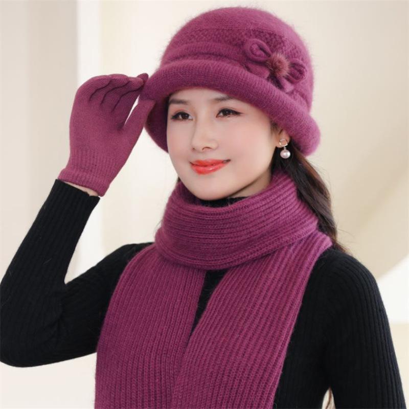 Fleece warm gestrickte Kaninchenfellmütze Damen Herbst und Winter kalte Handschuhe Schal Beanie Hut Trend bei älteren Menschen