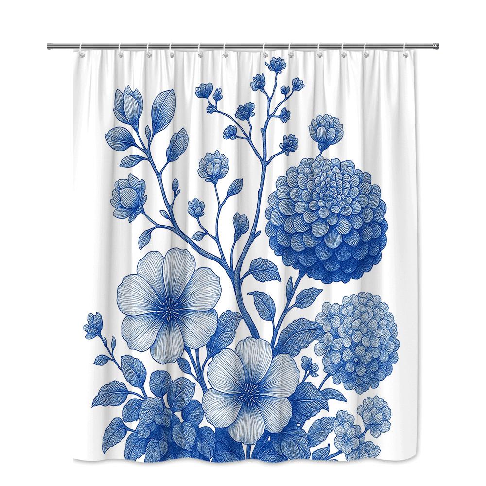 Blue Floral Botanical Shower Curtain Machine Washable All Season Waterproof Privacy Protection 2D Print Vintage Design Elegant
