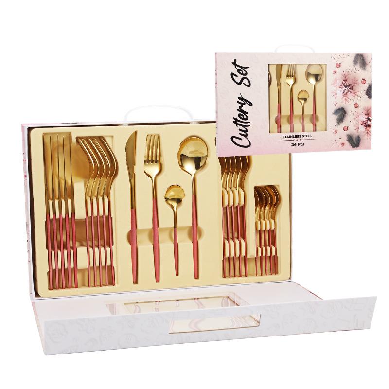 Stainless Steel Tableware Set, Knife, Fork, Spoon, Non-Slip, Kitchenware, Gift Box, Kitchen Dishes, Full Sets, 24 Pcs