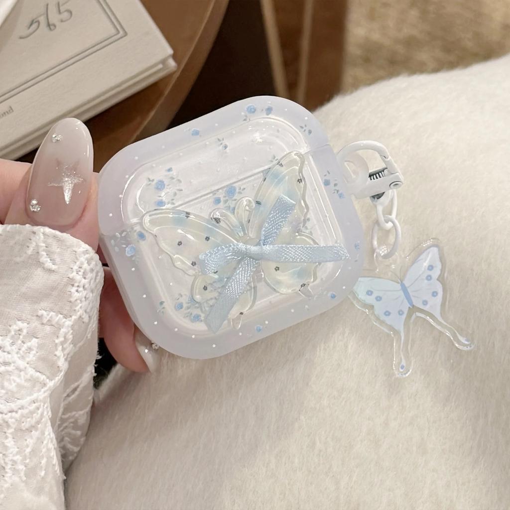 Korean Blue Flowers 3D Butterfly Bowknot Earphone Soft Case for AirPods Pro 3 2 Headset Cover For AirPods 4 3 2 1 With Keychain