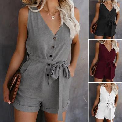 Tuta casual da donna con scollo a V monocolore a pantaloncini cinque punti per l'estate