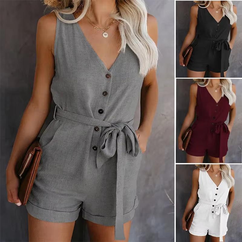 Tuta casual da donna con scollo a V monocolore a pantaloncini cinque punti per l'estate