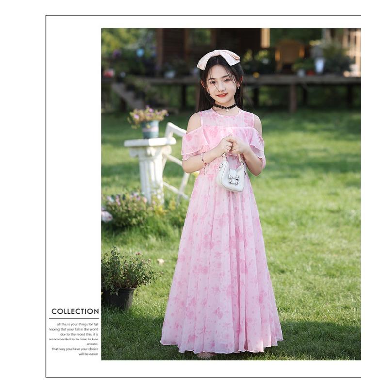 Girls Floral Print Princess Long Dress Kids Summer Casual Beach Dress