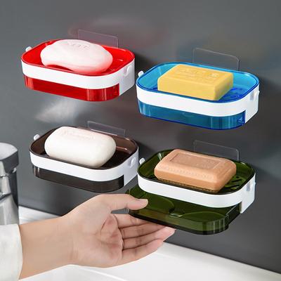 Caixa de sabão sem furos da moda, montada na parede, porta-sabonete para casa, caixa de armazenamento com bandeja de drenagem, caixa de sabão de drenagem, suporte de sabão de plástico sem rastros
