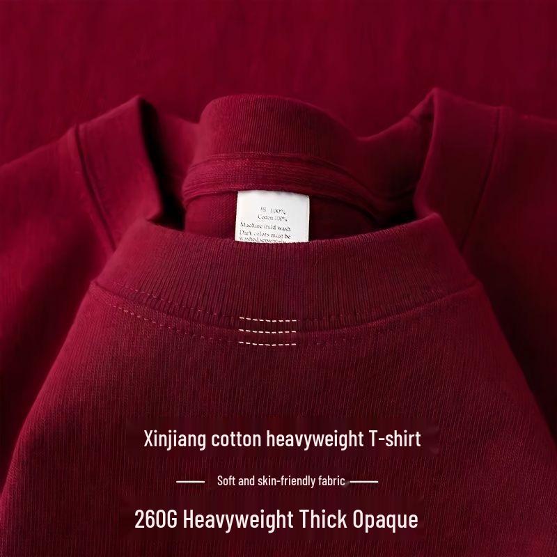 Wine Red Heavyweight Pure Cotton Short Sleeve T-Shirt, Thick Loose Half Sleeve, Small Collar Men's Plain Base Layer