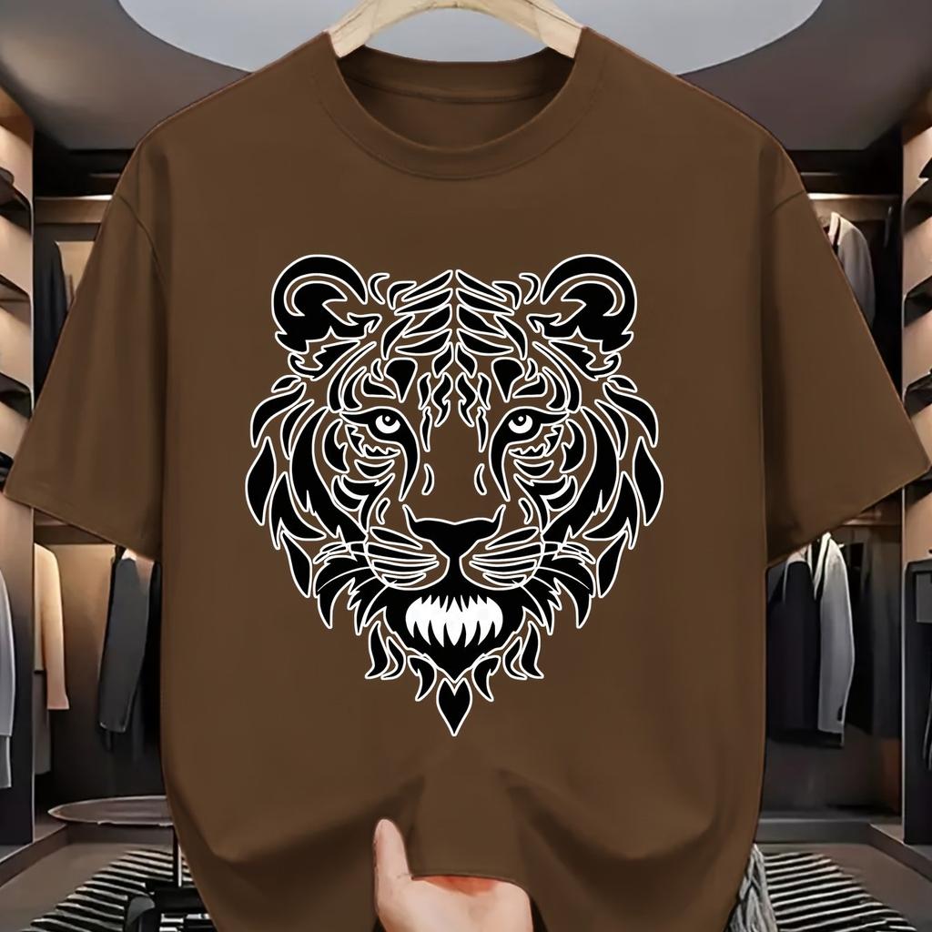 Tribal Tiger Head Graphic Tee Men Summer Casual Short Sleeve Print Crew Neck Cotton TShirt
