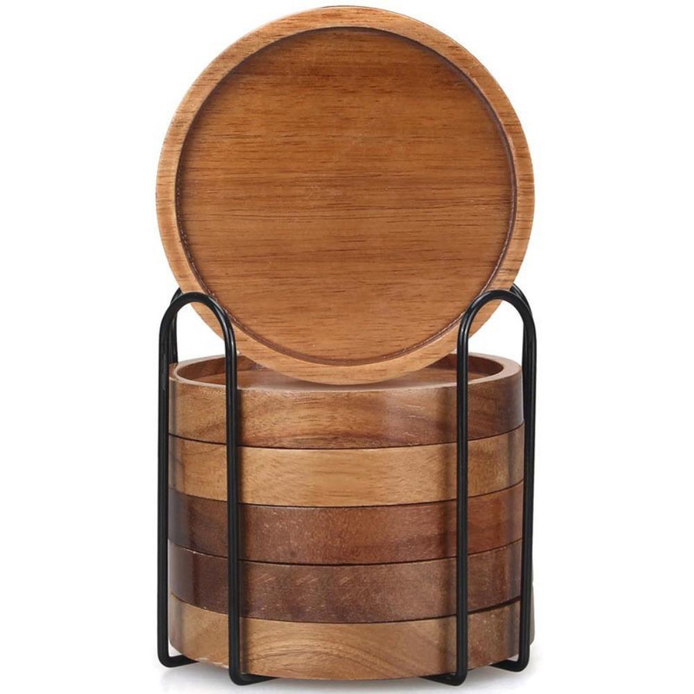 4/6pcs With Holder Wood Coasters Thickened Insulated Cup Mat Household Teacup Mat Office