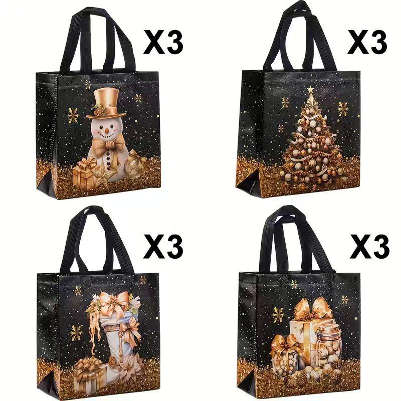 

12pcs Festive Christmas Gift Bags - Snowman, Tree , Stocking Design, Black Golden with Handles, Non-Woven Tote Bags