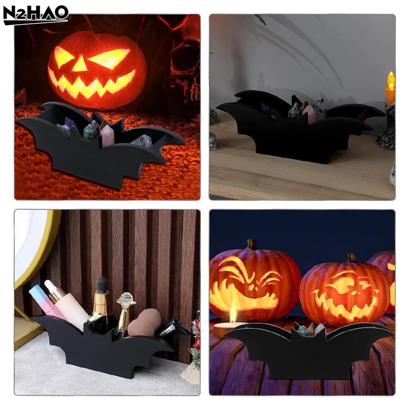 1PC Halloween Bat Makeup Brush Holder Gothic Wooden Storage Box Crystal Display Holder Cosmetics Jewelry Storage Tray Home Party