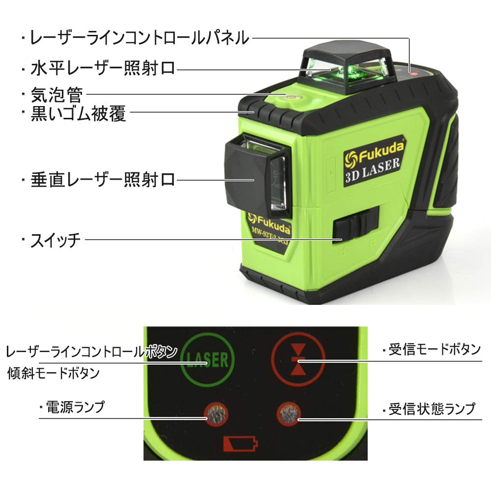 Fukuda Green Laser 12 Laser Level Unit 360° Full-Line Level, Lines, 360° Vertical2, 360° Horizontal1, MW-93T-2-3GJ, Level,