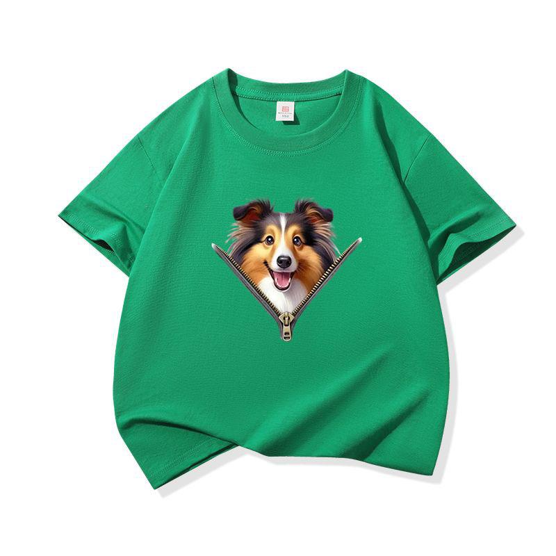 Kids Cotton T Shirt Lovely Sheepdog Zipper Print Crew Neck Short Sleeve Tee Casual Breathable Boys Girls Summer Tops