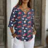 Women's Casual V-Neck Button Three-Quarter Sleeve Fourth of Print Pullover T-Shirt