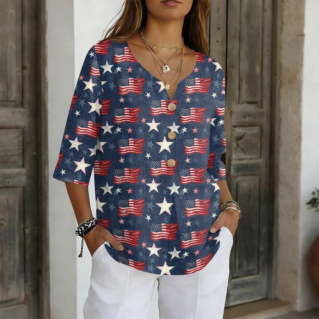 Women's Casual V-Neck Button Three-Quarter Sleeve Fourth of Print Pullover T-Shirt