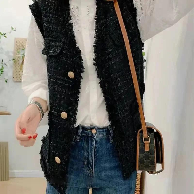 

Autumn Winter V-neck Single-breasted Knitted Vest All-match Sleeveless Pockets Soft Women Sweater Korean Fashion Streetwear Tops S чорний