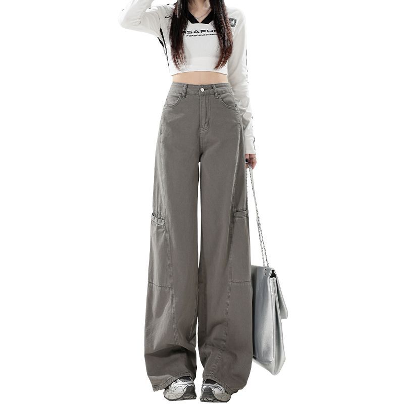 Spring Cement Gray Vintage High Waist Straight Wide Leg Cargo Denim Pants Women Casual Pants Oversize Denim Trousers