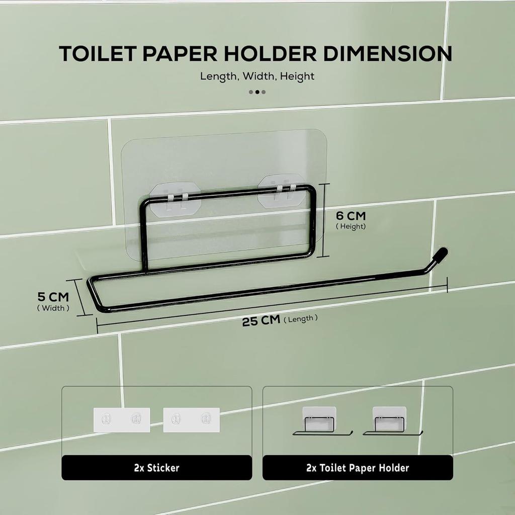 Self Adhesive Towel Holder in Bathroom | Toilet Paper Roll Holder | Tissue Roll Hanger for Kitchen, Black (Pack of 2)