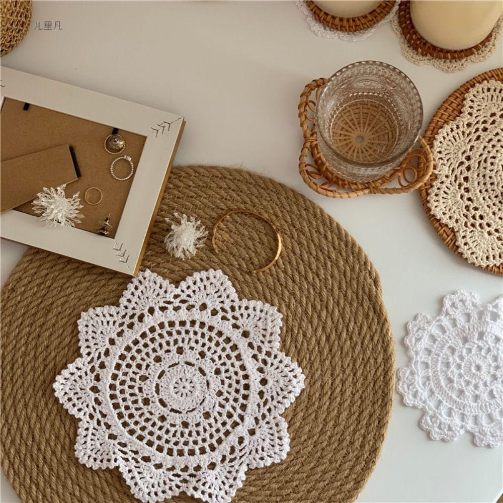 2/4Pcs Vintage Crochet Coasters Bohemian Round Woven Placemats Home Residence Hot Pads  Coffee Table