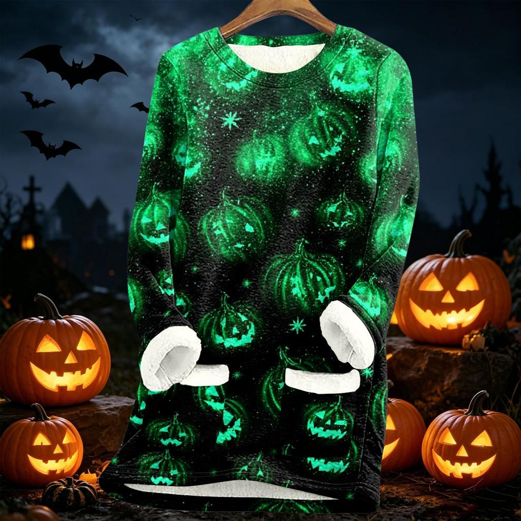 Women Long Sleeve Fleece Lined Tunic Sweater Dress with Halloween Print Soft Warm Thickened Sherpa Pullover for Autumn Winter