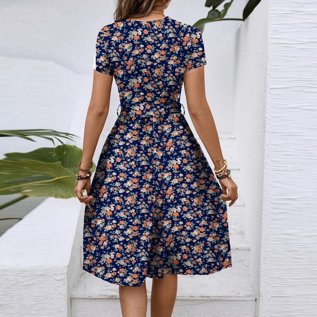 Women's Spring And Summer Casual Round Neck Short Sleeve Waist Floral Print Midi Dress