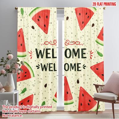 2pcs 2D Flat Printing Curtains Welcome Watermelon Summer Slices Polyester Fabric Without Electricity Festive Wall Decor for New