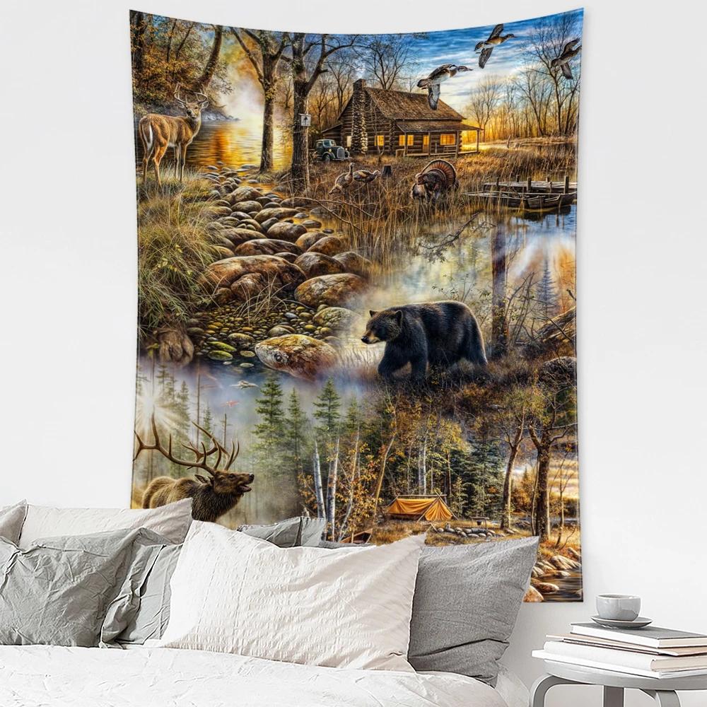 Brown Bear And Elk Forest Cabin Tapestry Wall Hanging Modern Art Landscape Hippie Bohemian Living Room Bedroom Home Decor