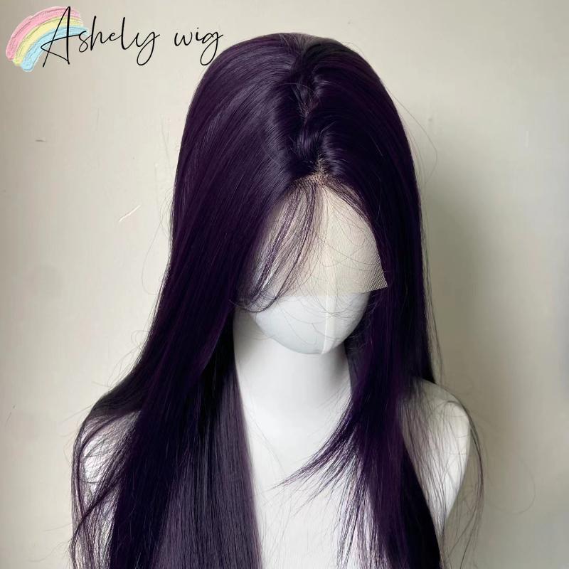 13x4 Dark Purple Wig Long Straight Purple Synthetic Lace Front Wigs for Woman Daily Use Heat Resistant Fiber Glueless Lace Wigs