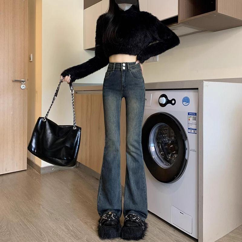Cement Gray High-waisted Slightly Pulled Jeans Women's Autumn and Winter Velvet Thickened Slim-fitting and Thin Elastic Overhanging Horseshoe Pants